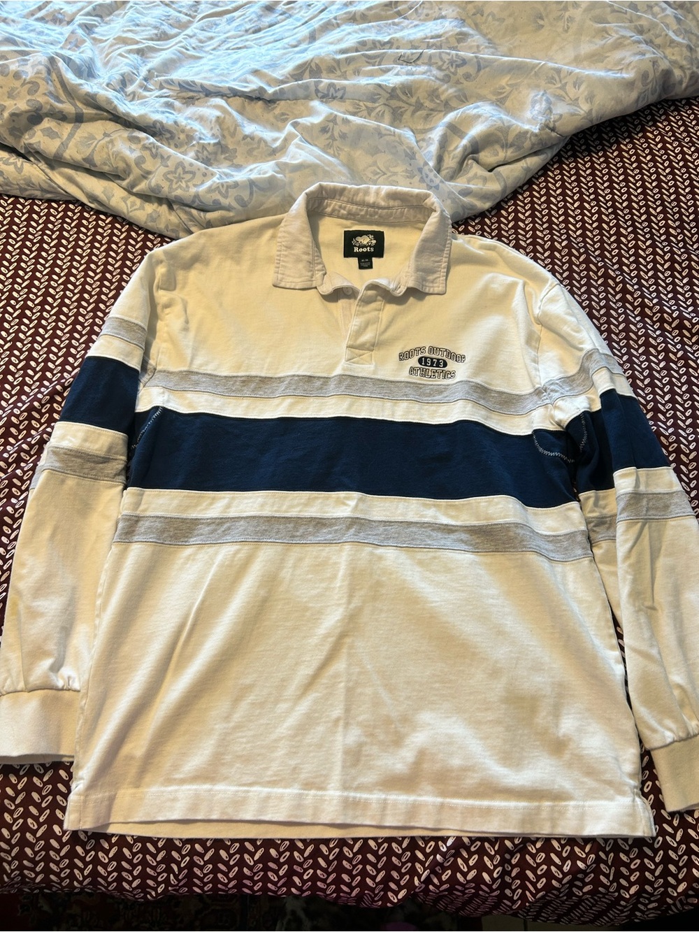 Roots Men's Long-Sleeve Polo in Cream and Navy Stripe